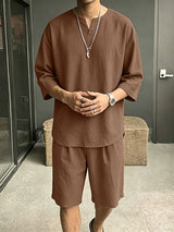 Men's Minimalist Casual V-Notch Neck Drop Shoulder Two Pieces Outfit SKUL68359