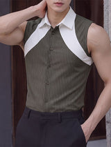 Men's High-End Urban Casual Contrast Panel Pinstripe Sleeveless Button-Up Shirt SKUL78279