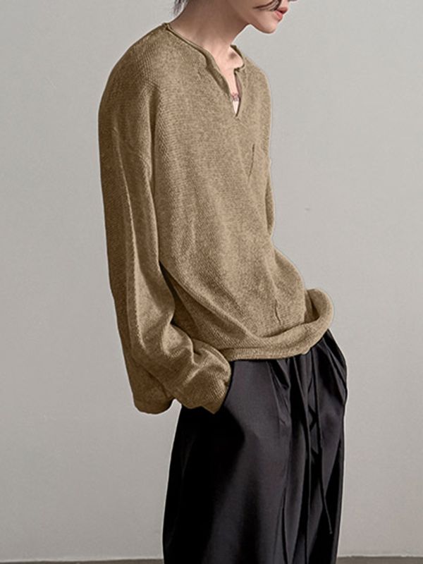 Men's Textured Knit V Neck Long Sleeve T-Shirt SKUL32962