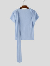 Men's Avant-Garde Party Draped Shoulder Sash Ruched Short Sleeve Round Neck T-shirt SKUL68400