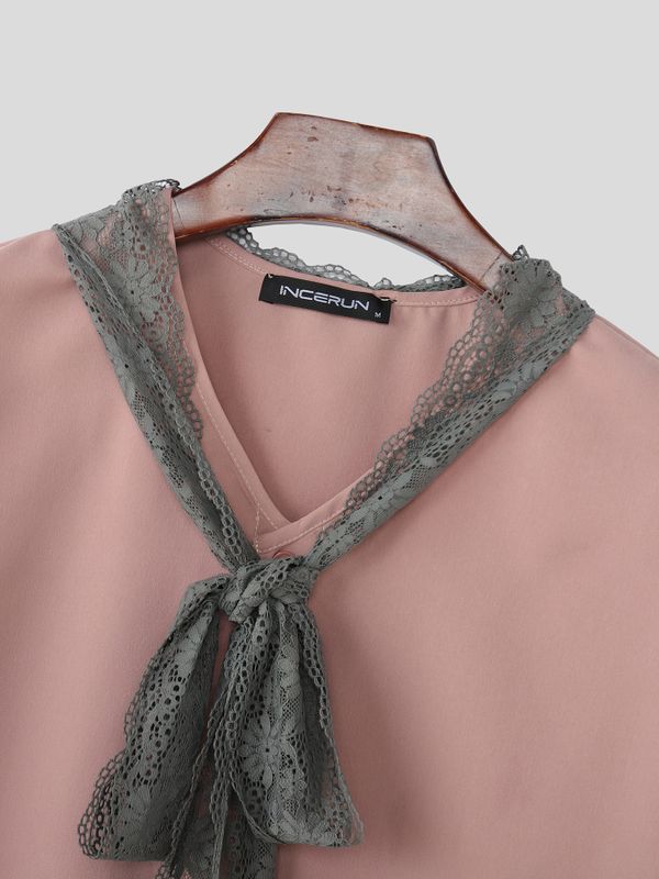 Men's Solid Color Lace Tie Short Sleeve Shirt SKUL56077