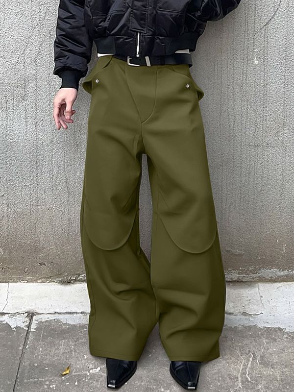 Men's Avant-Garde High Street Curved Flap Overlay Rivet Detail Baggy Floor Length Wide Leg Pant SKUL81732