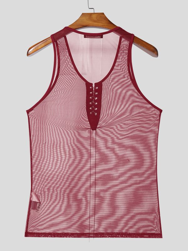 Men's Avant-Garde High Stretch Sheer Mesh Metal Chain Lace-Up Deep Scoop Neck Tank SKUL60132
