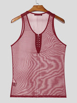 Men's Avant-Garde High Stretch Sheer Mesh Metal Chain Lace-Up Deep Scoop Neck Tank SKUL60132