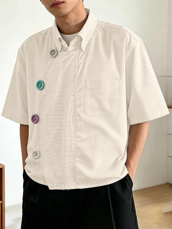 Men's Asymmetrical Striped Patchwork Oversized Colorful Button Shirt SKUL60812