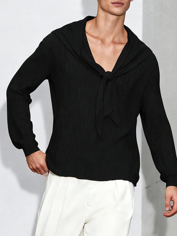 Men's Solid Color Textured Navy Collar Long Sleeve T-shirt SKUL51995