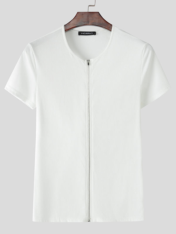 Mens Textured Zip-Up Short Sleeve T-Shirt SKUL01341