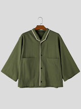 Men's Early Autumn Urban Casual Piped Edge Button Down Wide 3/4 Sleeve Lapel Collar Shirt SKUL81910