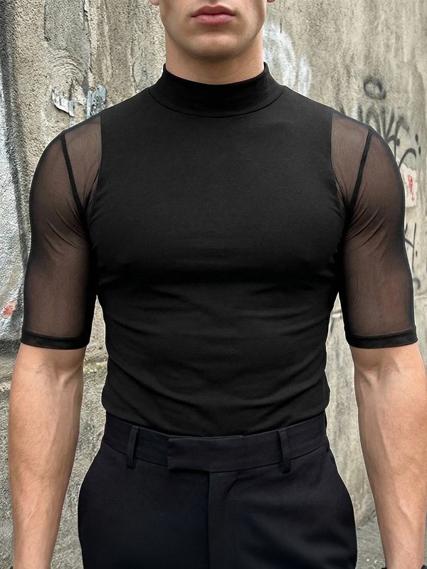 Men's Avant-Garde High-Street Semi-High Collar Mesh Panel Sheer Half Sleeve T-shirt SKUL63175