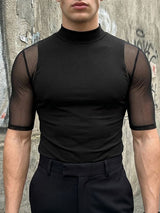 Men's Avant-Garde High-Street Semi-High Collar Mesh Panel Sheer Half Sleeve T-shirt SKUL63175