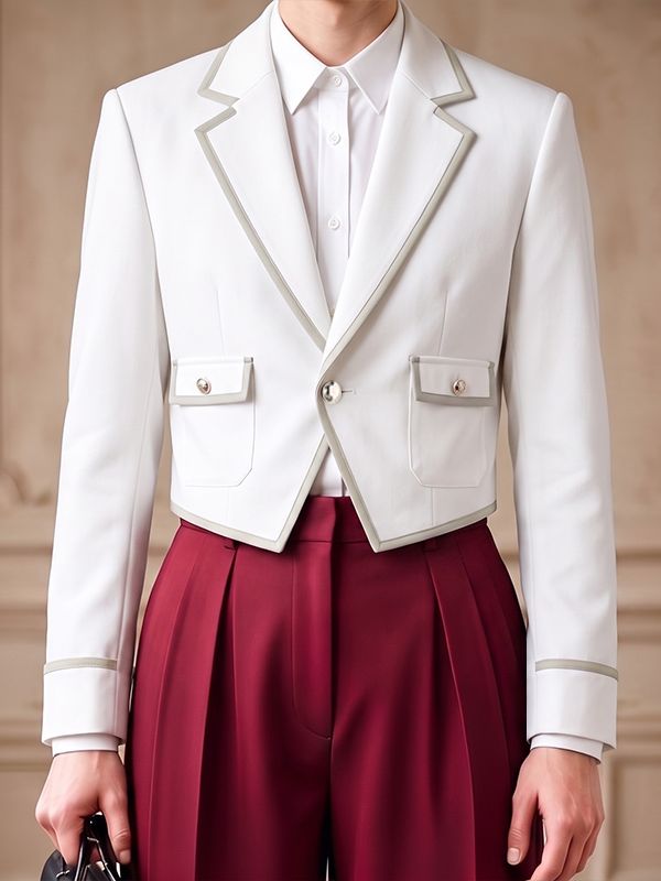 Men's Royal Vintage Evening Gala Contrast Piping Gold Button Cropped Blazer SKUL85520