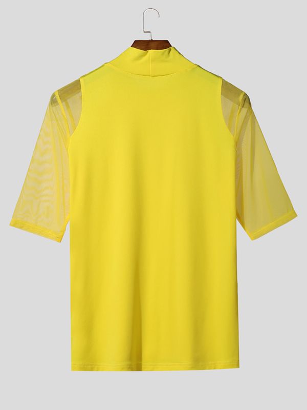 Men's Avant-Garde High-Street Semi-High Collar Mesh Panel Sheer Half Sleeve T-shirt SKUL63175