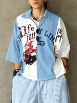 Men's American Vintage Streetwear Deconstructed Contrast Color Block Half-Zip Letter Graphic Shirt SKUL51939