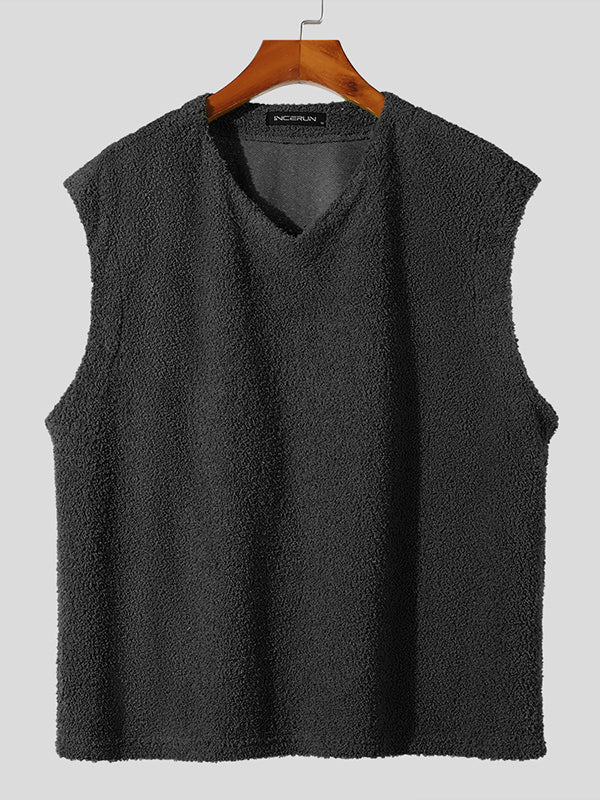 Mens Fleece Solid V-Neck Sleeveless Vest SKUK13156