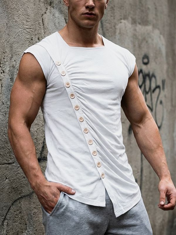 Men's Deconstructed Asymmetric Placket Button Tank SKUL54462