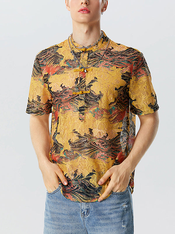 Mens Chinese Style Print Frog Button Henley Shirt SKUK14616
