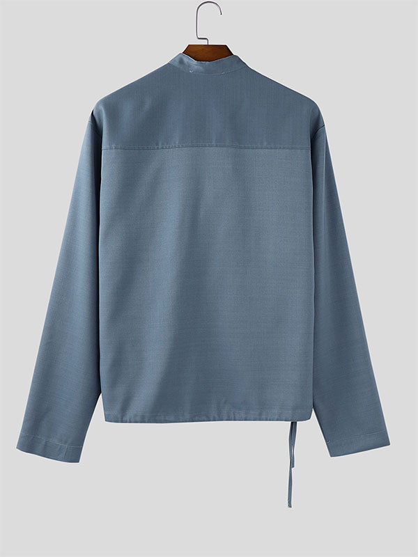 Men's Solid Color Stand Collar Casual Long Sleeve Shirt SKUL32034