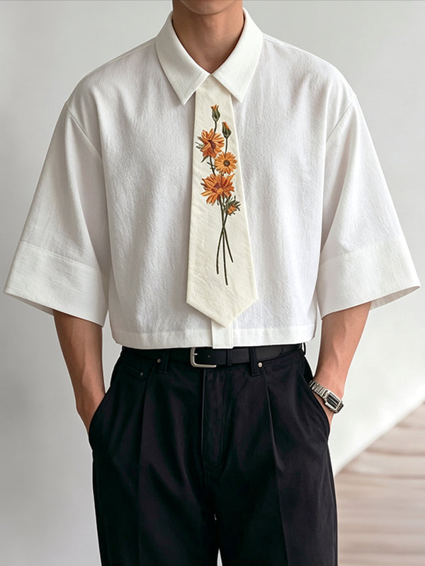 Men's Romantic Avant-Garde Sunflower Embroidered Drop Shoulder Half Sleeve Shirt SKUL78943