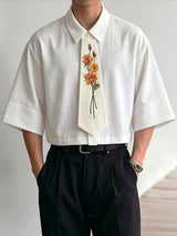 Men's Romantic Avant-Garde Sunflower Embroidered Drop Shoulder Half Sleeve Shirt SKUL78943