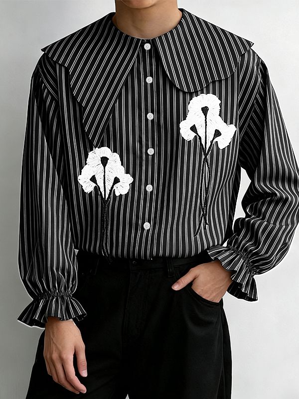 Men's Floral Print Striped Asymmetric Collar Long Sleeve Shirt SKUL50834