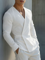 Men's Solid Texture Deep V-Neck Long Sleeve Shirt SKUL26184