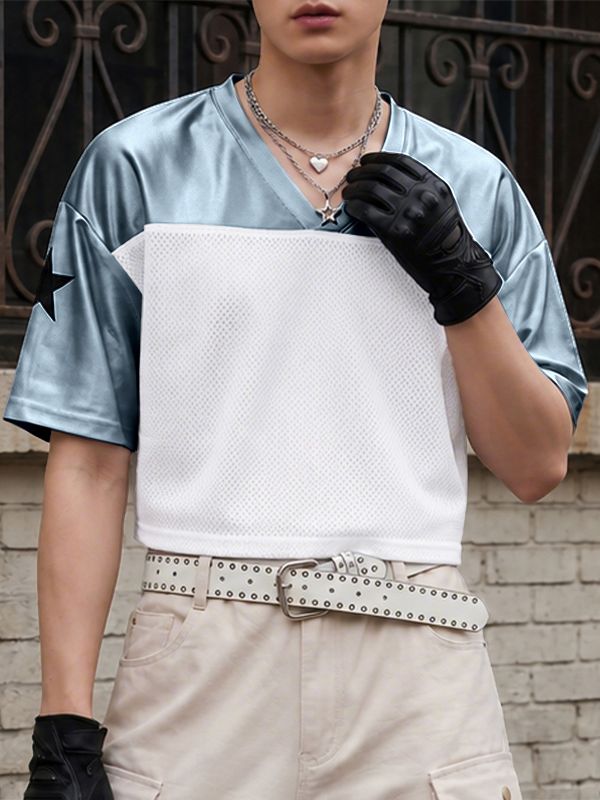 Men's American High-Street Star Graphic Mesh Patchwork Short Sleeve T-shirt SKUL70180