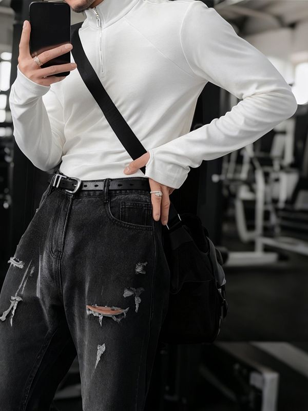 Men's Solid Color Knitted Stretch Long Sleeve T-Shirt SKUL39021