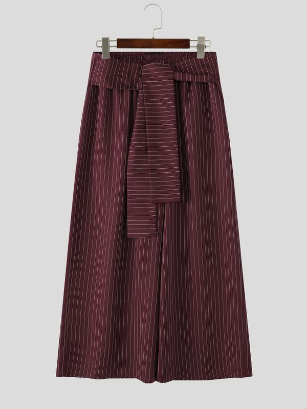 Men's Avant-Garde Asymmetric Wrapped Tie-Waist Pinstripe Oversized Wide-Leg Baggy Pant SKUL70237