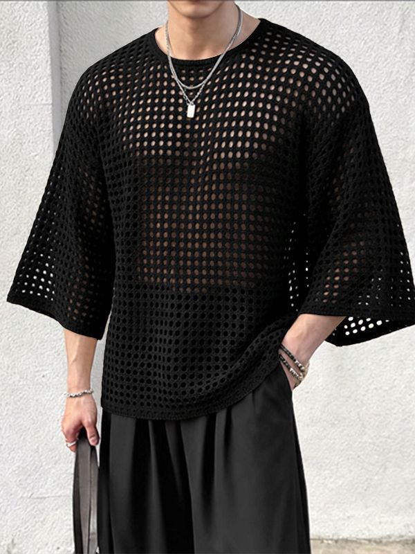 Men's Festival Fashion Crochet Hollow Out Oversized Dropped Shoulder Half Sleeve T-shirt SKUL55346