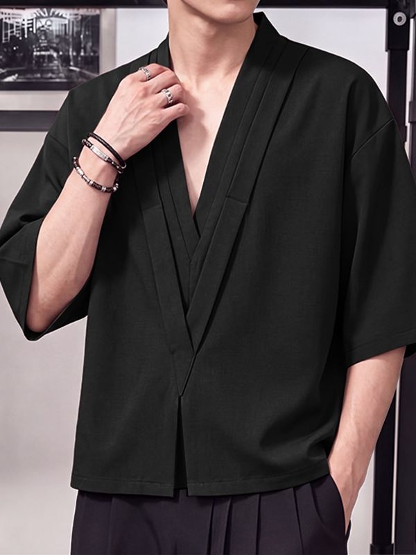 Men's Japanese Zen Beach Vacation Deep V-Neck Cross Overlap Shirt SKUL82436