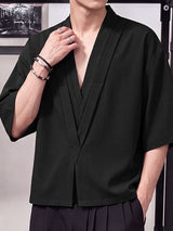 Men's Japanese Zen Beach Vacation Deep V-Neck Cross Overlap Shirt SKUL82436