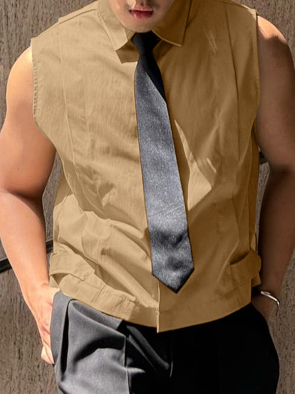 Mens Solid Color Ribbon Tie Sleeveless Shirt SKUL14072