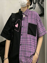 Men's Japanese Harajuku Streetwear Contrast Plaid Color-Block Heart Graphic Short Sleeve Shirt SKUL68889