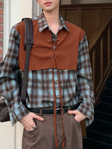 Men's Plaid Colorblock Faux Two-Piece Long Sleeve Shirt SKUL27296