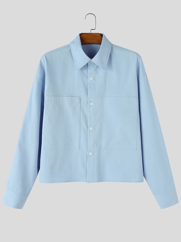 Men's Early Autumn Urban Casual Patch Pocket Boxy Fit Long Sleeve Turn-Down Collar Shirt SKUL81841
