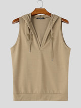 Men's Athletic Gym Deep Split V-Neck Drawstring Hood Muscle Cut Sleeveless Hooded Collar Tank SKUL80622