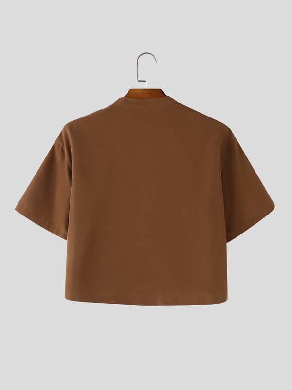 Men's New Chinese Style Frog Button Cropped Short Sleeve Shirt SKUL55599