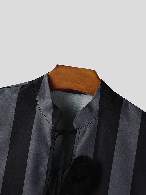 Men's 3D Floral Patchwork Striped Long Sleeve Shirt SKUL47790