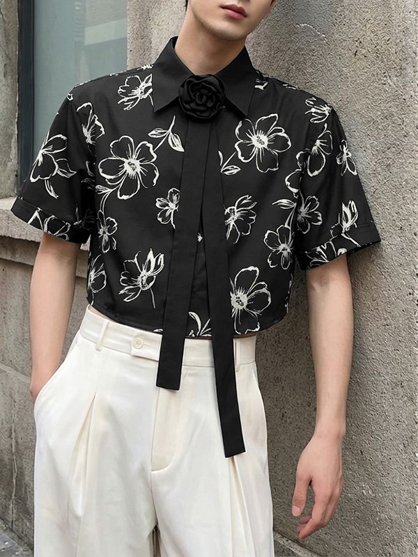 Men's 3D Floral Tie Front Short Sleeve Shirt SKUL55364