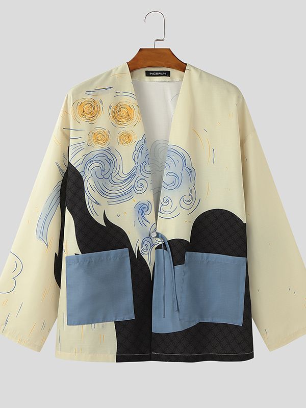 Men's Color Block Print Collarless Long Sleeve Cardigan SKUL34995