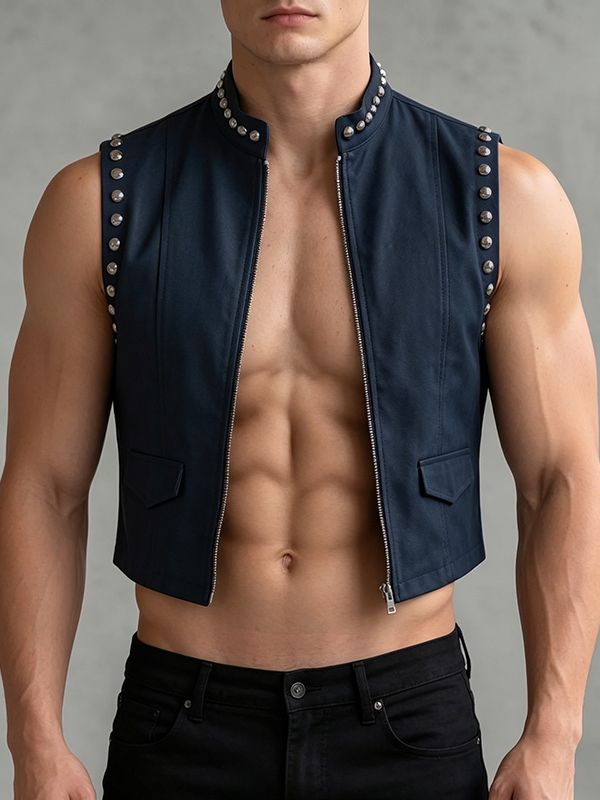 Men's Punk Rock Studded Crop Zipper Waistcoat SKUL63109