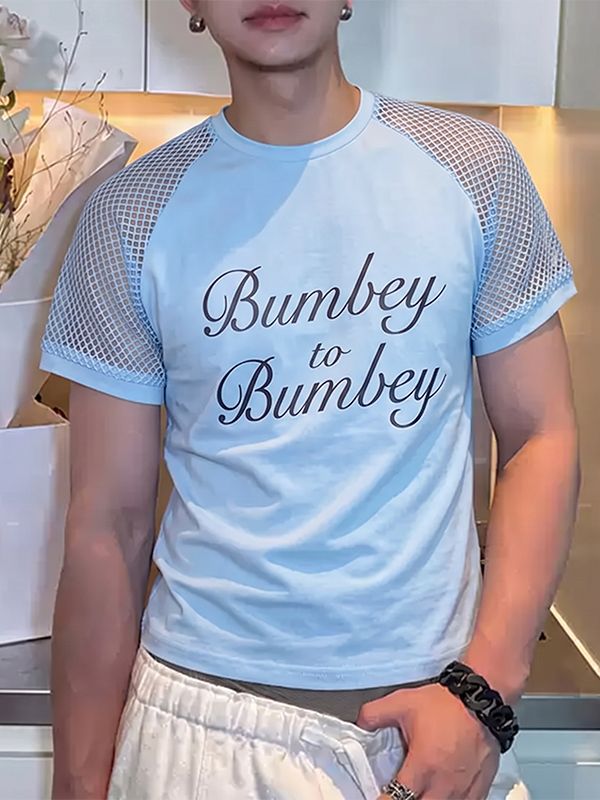 Men's High Street Party Letter Print Mesh Raglan Short Sleeve T-shirt SKUL73623