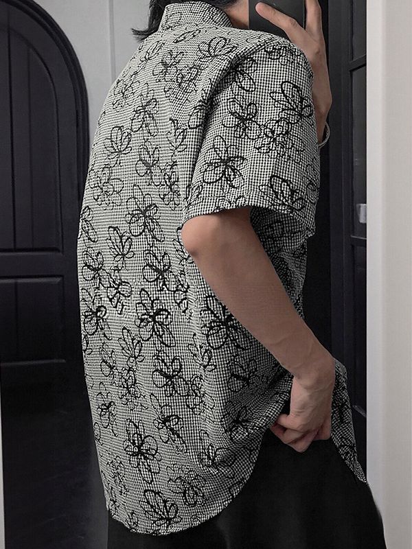 Men's Floral Print Plaid Short Sleeve Shirt SKUL51064