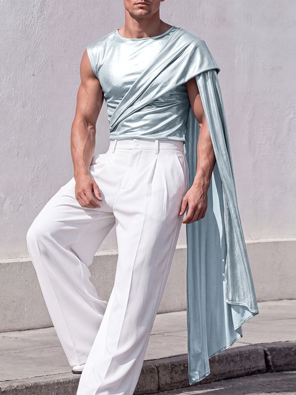 Men's Avant-Garde Glam Stage Runway Metallic Drape Cape One-Shoulder Tank SKUL82428