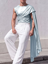 Men's Avant-Garde Glam Stage Runway Metallic Drape Cape One-Shoulder Tank SKUL82428