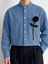 Men's Clean Fit 3D Rose Flower Patch Pocket Waffle Texture Long Sleeve Band Collar Shirt SKUL82419