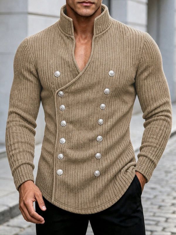 Men's Avant-Garde Early Autumn Military Button Cross Wrap Muscle Slim Long Sleeve Deep V-Neck Sweater SKUL80555