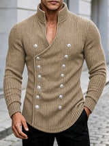 Men's Avant-Garde Early Autumn Military Button Cross Wrap Muscle Slim Long Sleeve Deep V-Neck Sweater SKUL80555