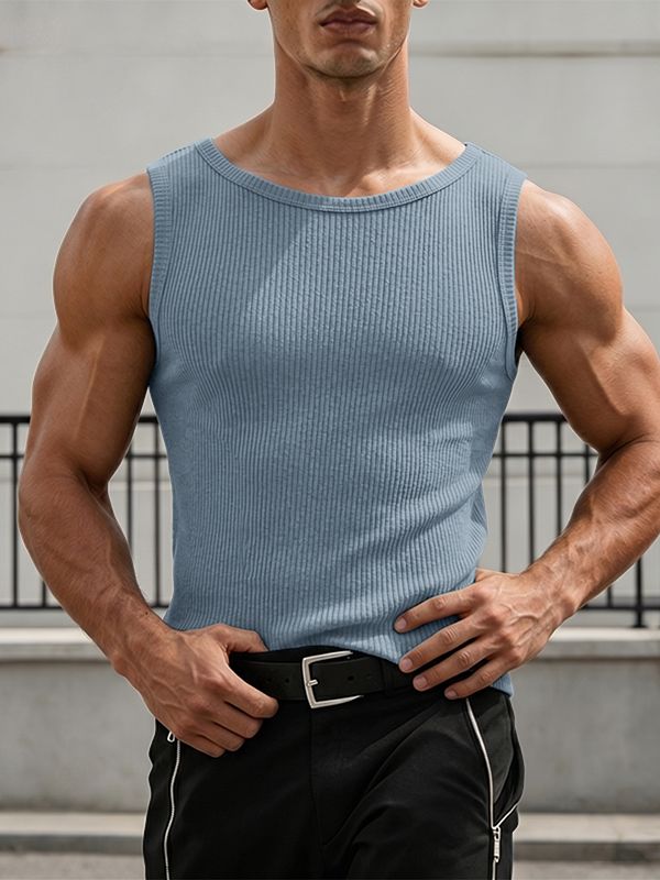 Men's Hardcore Bodybuilding Muscle Fit Ribbed Knit Crew Neck Tank SKUL68063