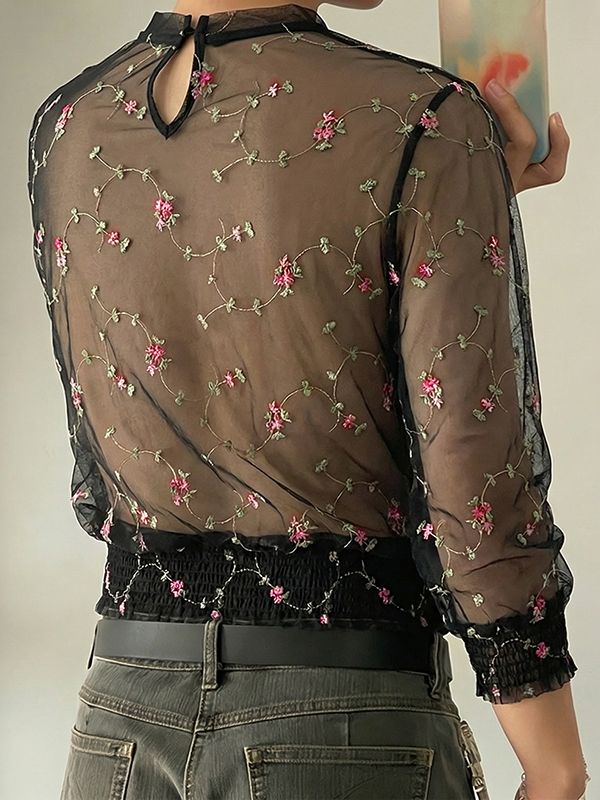 Men's Avant-Garde Sheer Floral Embroidered Mesh Shirt SKUL59802